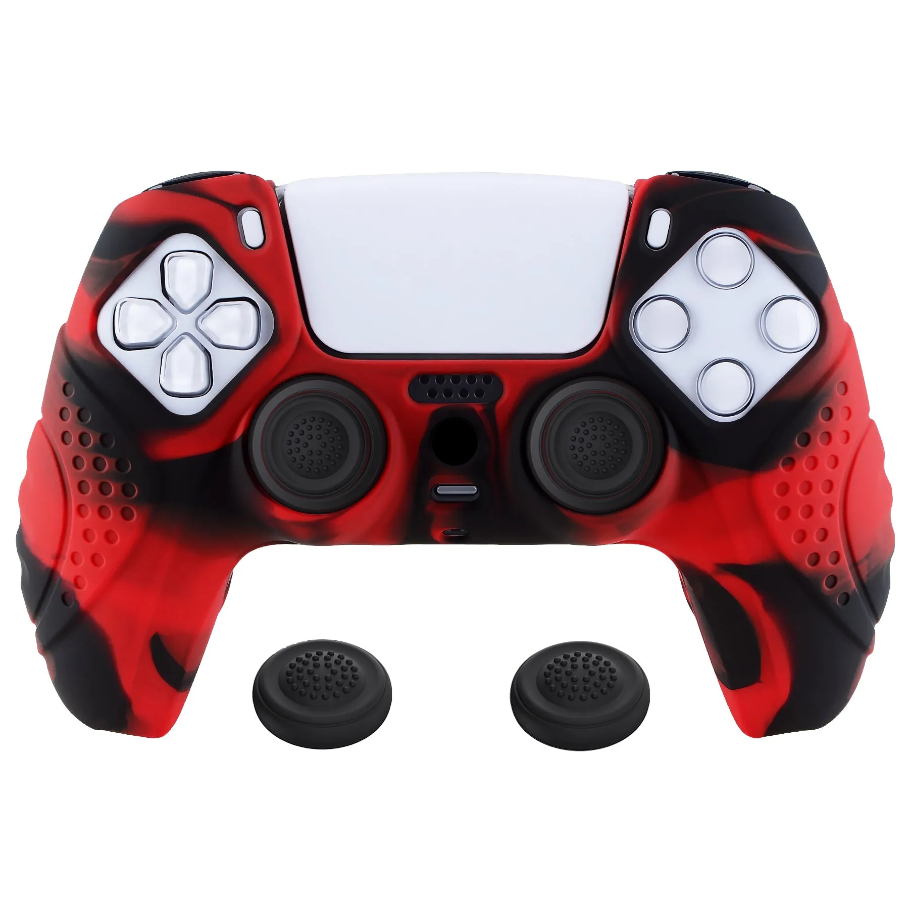 PlayVital Guardian Edition Ergonomic Soft Anti-Slip Controller Silicone Case Cover for ps5, Rubber Protector Skins with Black Joystick Caps for ps5 Controller - Red & Black - YHPF020