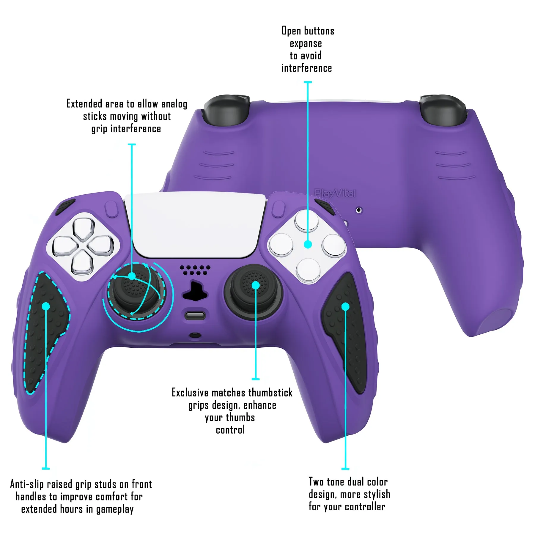 PlayVital Knight Edition Passion Purple & Black Two Tone Anti-Slip Silicone Cover Skin for Playstation 5 Controller, Soft Rubber Case for PS5 Controller with Thumb Grip Caps - QSPF006