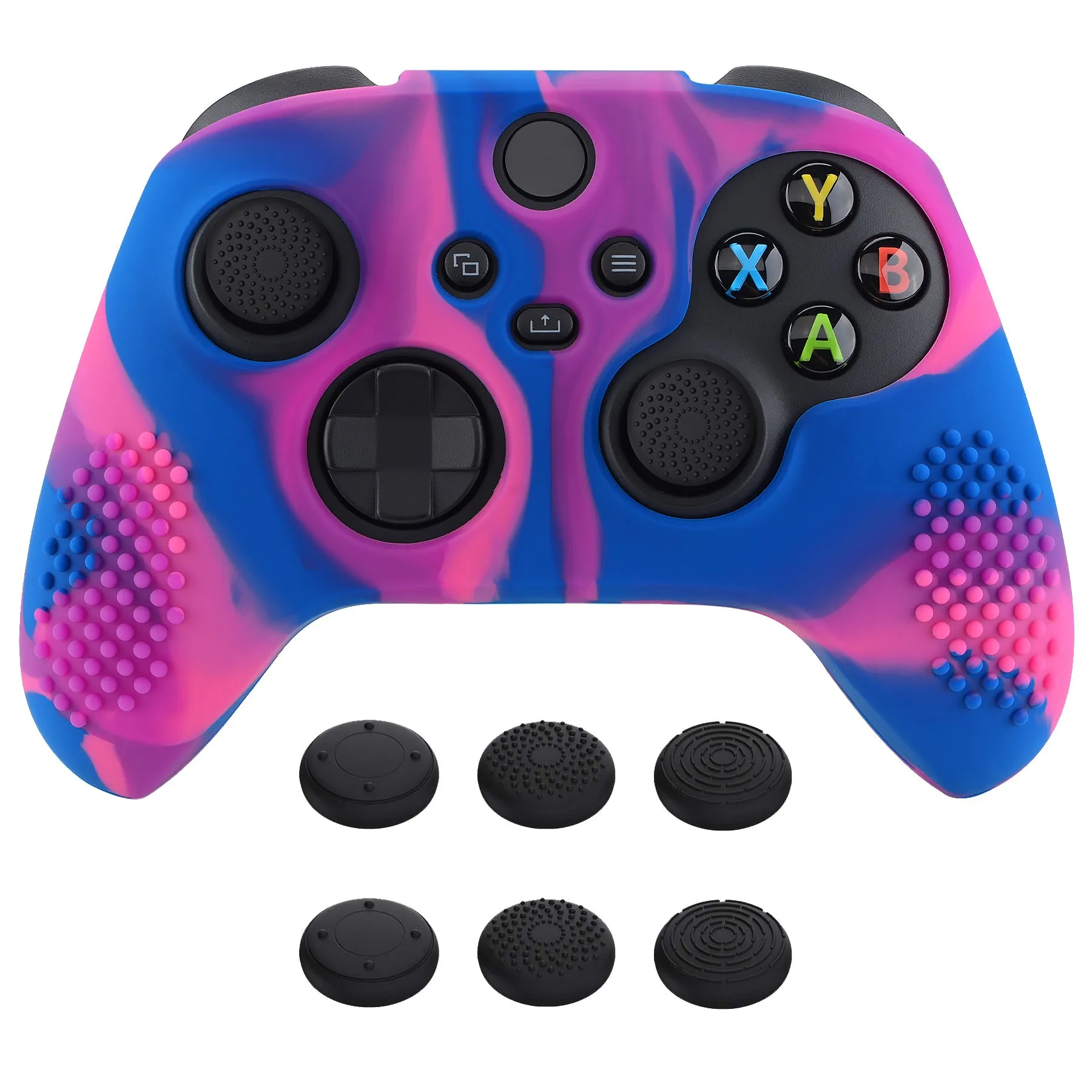 PlayVital Pink & Purple & Blue 3D Studded Edition Anti-slip Silicone Cover Skin for Xbox Series X Controller, Soft Rubber Case Protector for Xbox Series S Controller with 6 Black Thumb Grip Caps - SDX3015