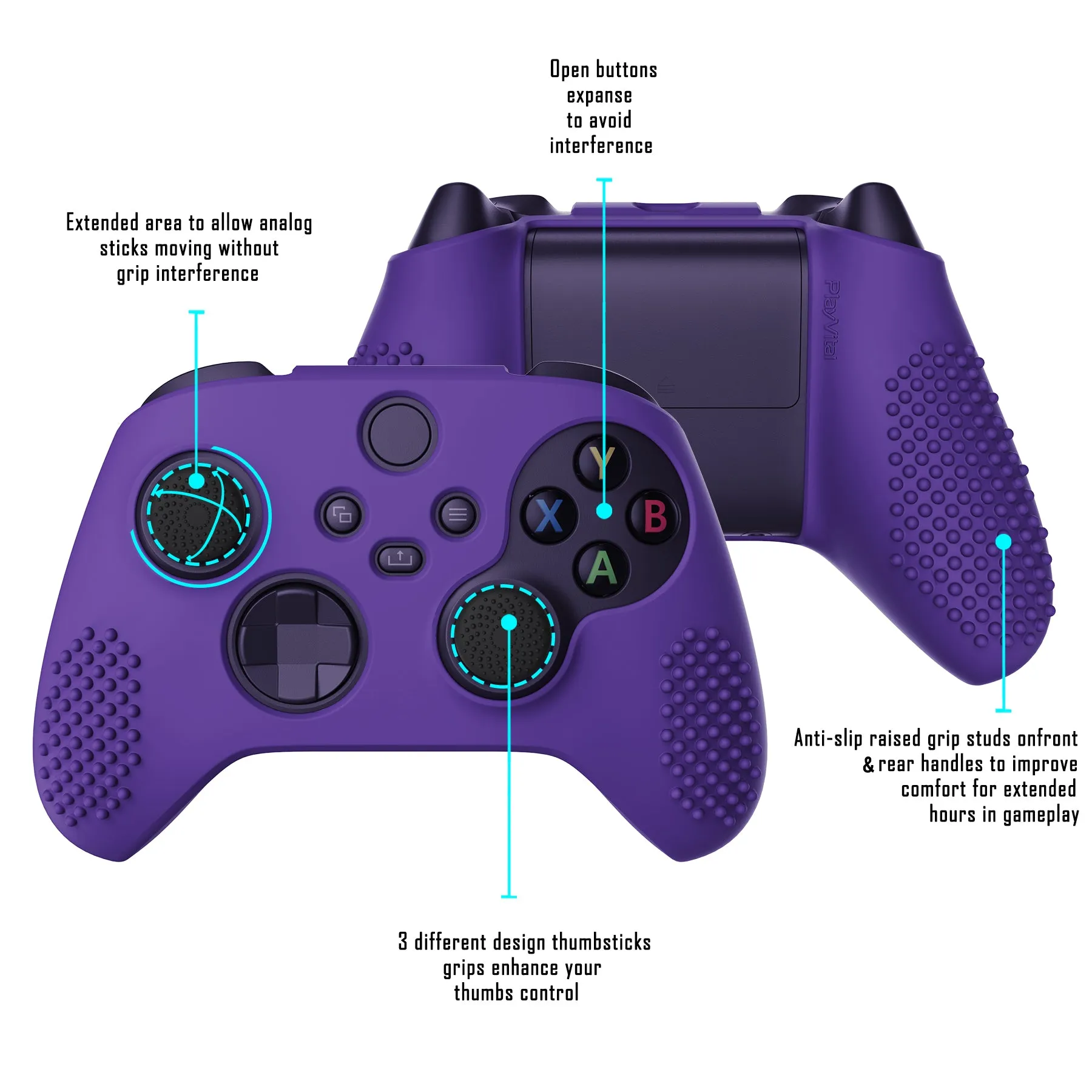 PlayVital Purple 3D Studded Edition Anti-slip Silicone Cover Skin for Xbox Series X Controller, Soft Rubber Case Protector for Xbox Series S Controller with 6 Black Thumb Grip Caps - SDX3007