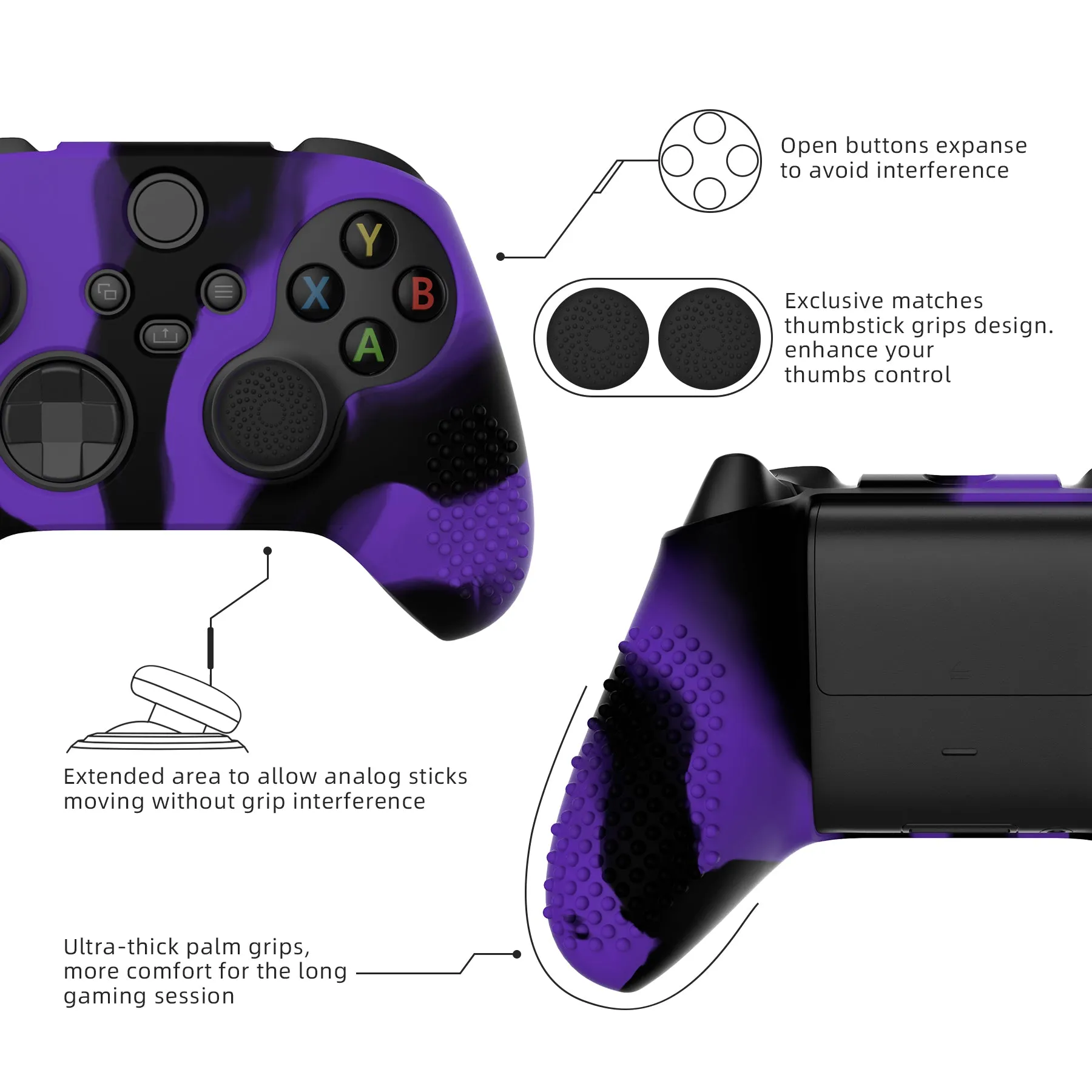 PlayVital Purple & Black 3D Studded Edition Anti-slip Silicone Cover Skin for Xbox Series X Controller, Soft Rubber Case Protector for Xbox Series S Controller with 6 Black Thumb Grip Caps - SDX3022