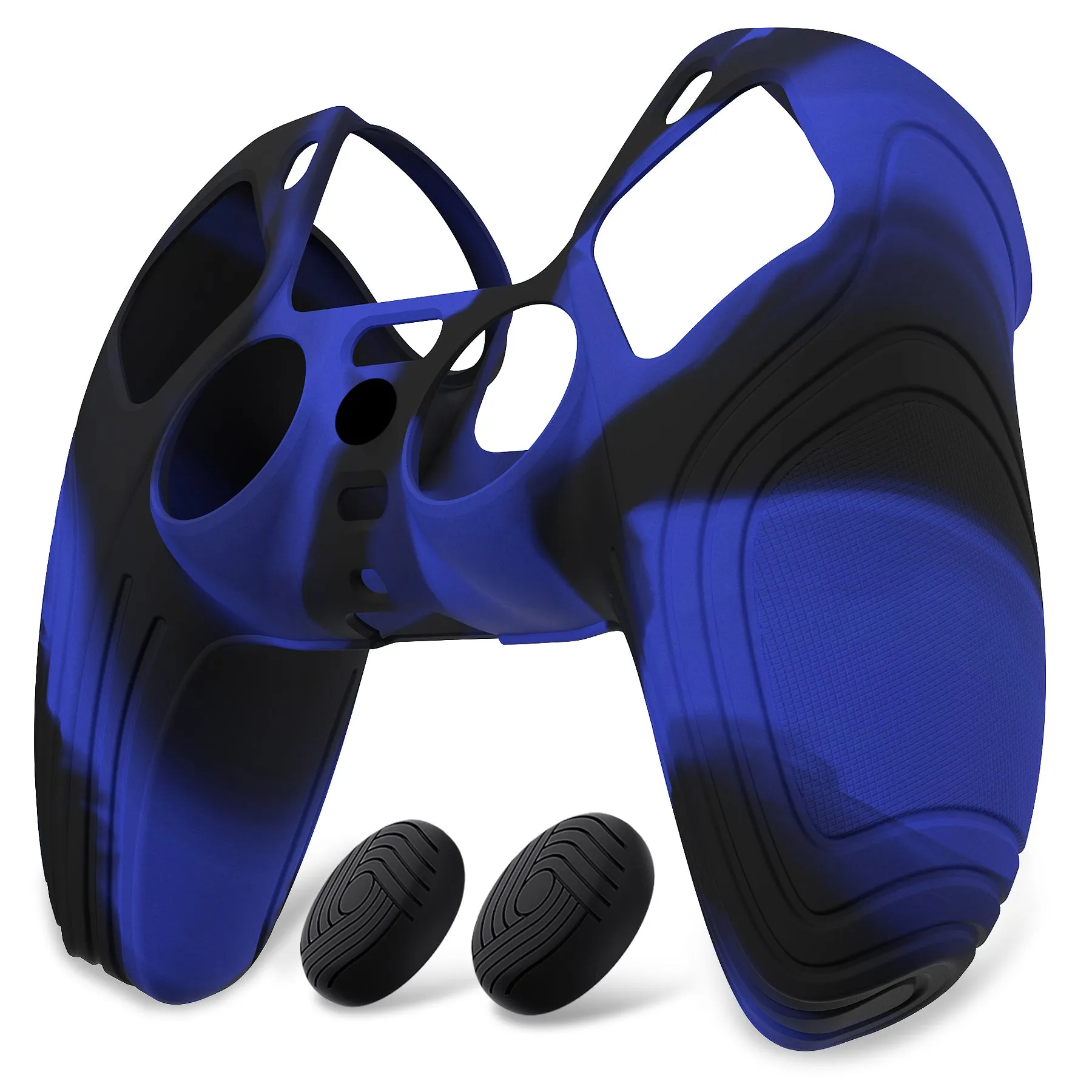 PlayVital Samurai Edition Blue & Black Anti-slip Controller Grip Silicone Skin, Ergonomic Soft Rubber Protective Case Cover for PlayStation 5 PS5 Controller with Black Thumb Stick Caps - BWPF017