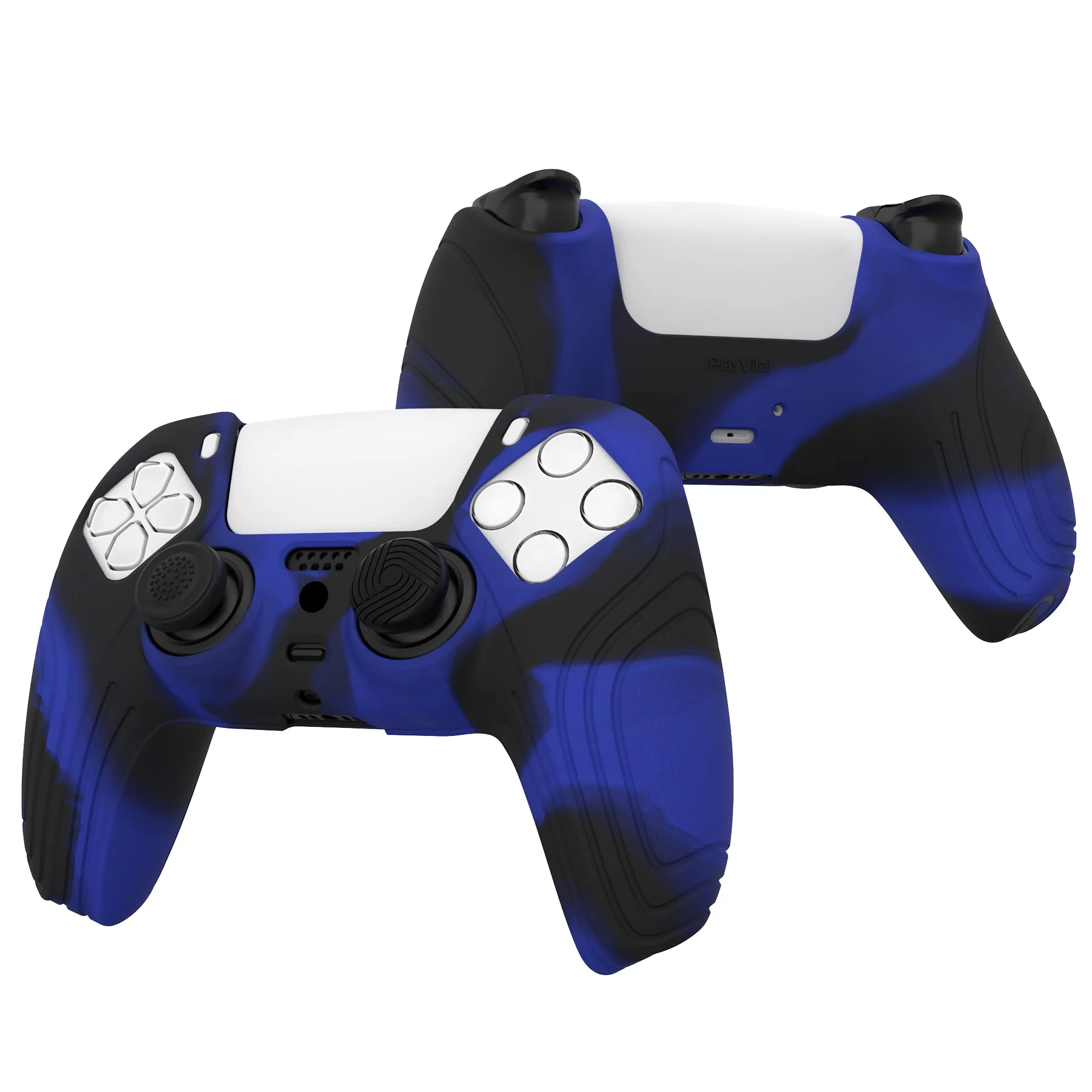 PlayVital Samurai Edition Blue & Black Anti-slip Controller Grip Silicone Skin, Ergonomic Soft Rubber Protective Case Cover for PlayStation 5 PS5 Controller with Black Thumb Stick Caps - BWPF017