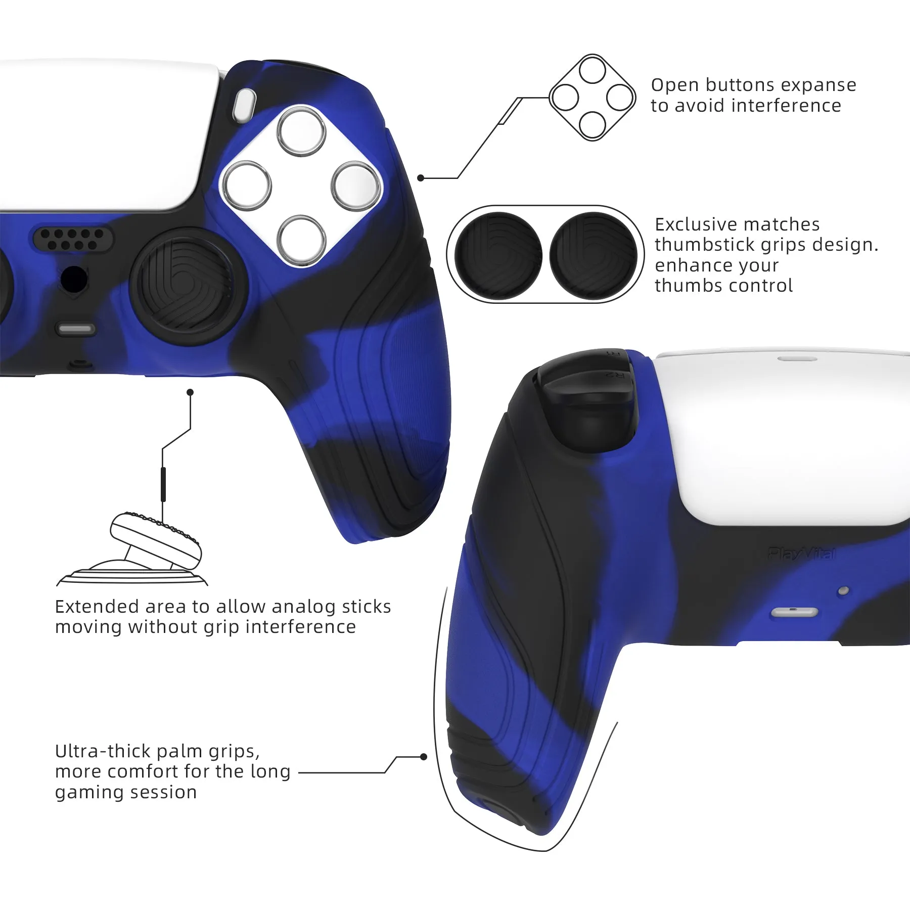 PlayVital Samurai Edition Blue & Black Anti-slip Controller Grip Silicone Skin, Ergonomic Soft Rubber Protective Case Cover for PlayStation 5 PS5 Controller with Black Thumb Stick Caps - BWPF017