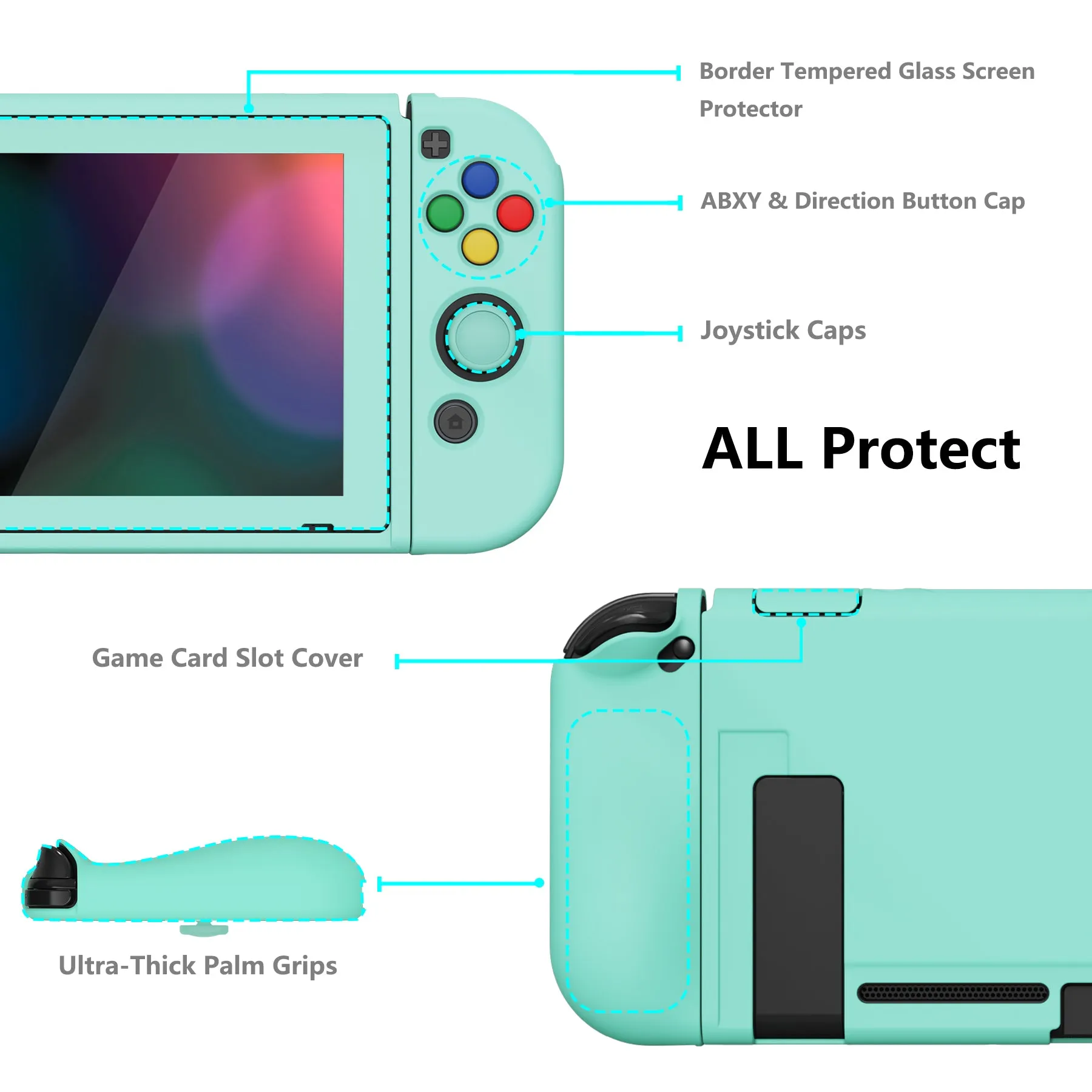 PlayVital ZealProtect Soft Protective Case for Nintendo Switch, Flexible Cover Protector for Nintendo Switch with Tempered Glass Screen Protector & Thumb Grip Caps & ABXY Direction Button Caps - Misty Green - RNSYM5004