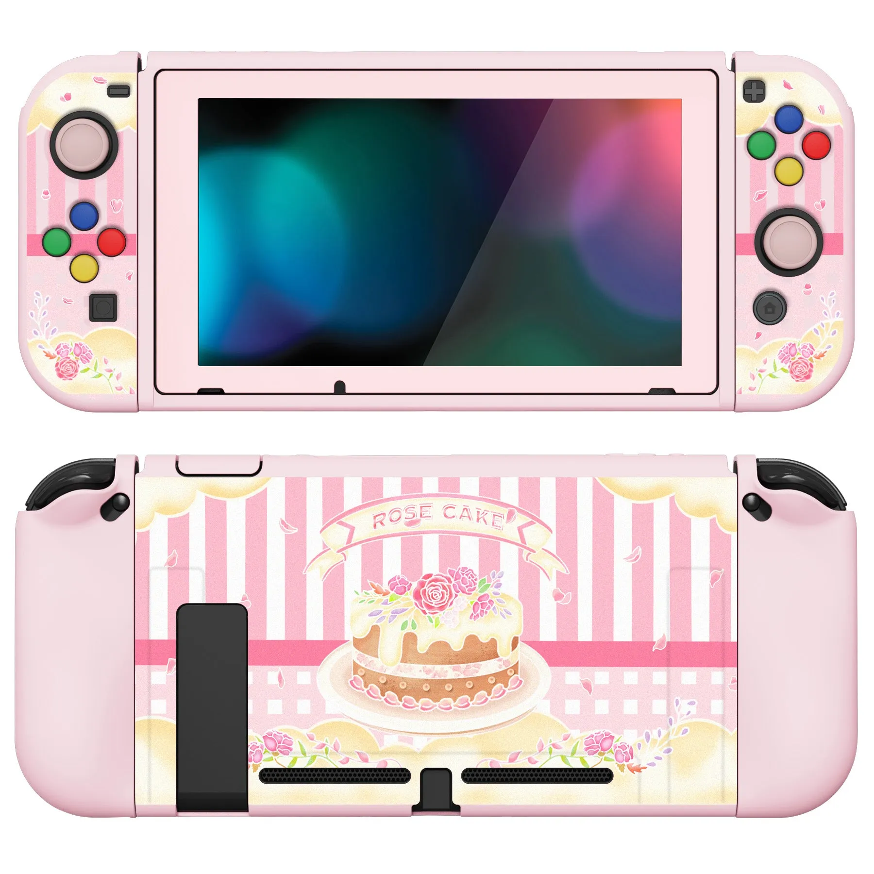 PlayVital ZealProtect Soft Protective Case for Nintendo Switch, Flexible Cover Protector for Nintendo Switch with Tempered Glass Screen Protector & Thumb Grip Caps & ABXY Direction Button Caps - Rose Cake - RNSYV6006