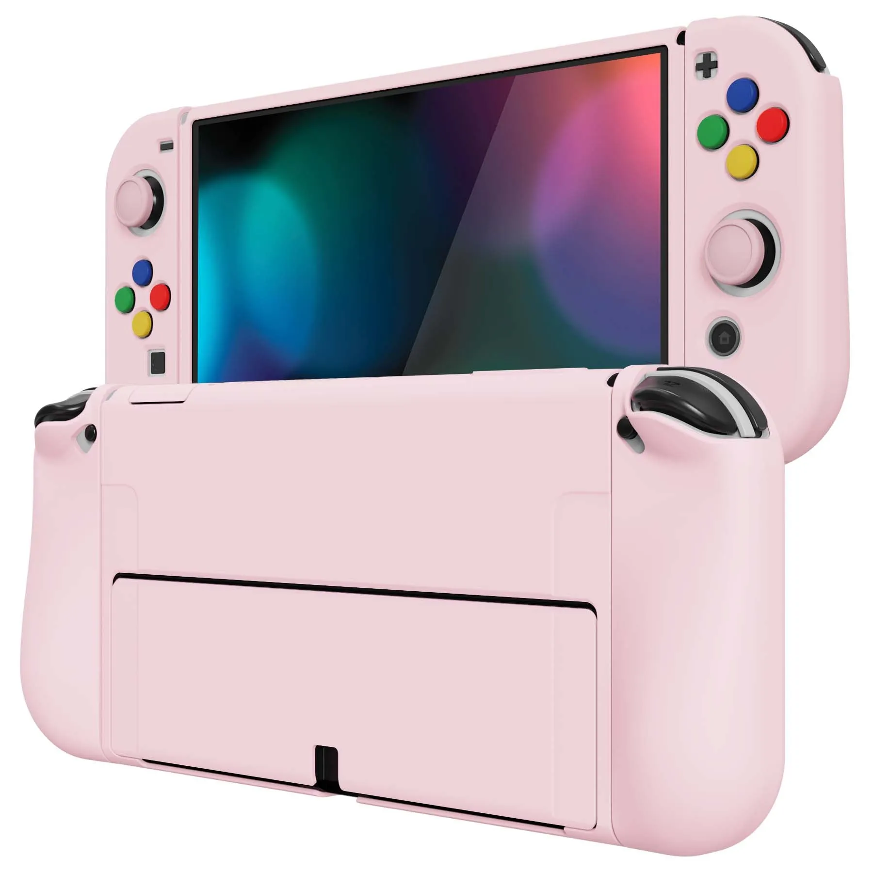 PlayVital ZealProtect Soft Protective Case for Nintendo Switch OLED, Flexible Protector Joycon Grip Cover for Nintendo Switch OLED with Thumb Grip Caps & ABXY Direction Button Caps - Cherry Blossoms Pink - XSOYM5002