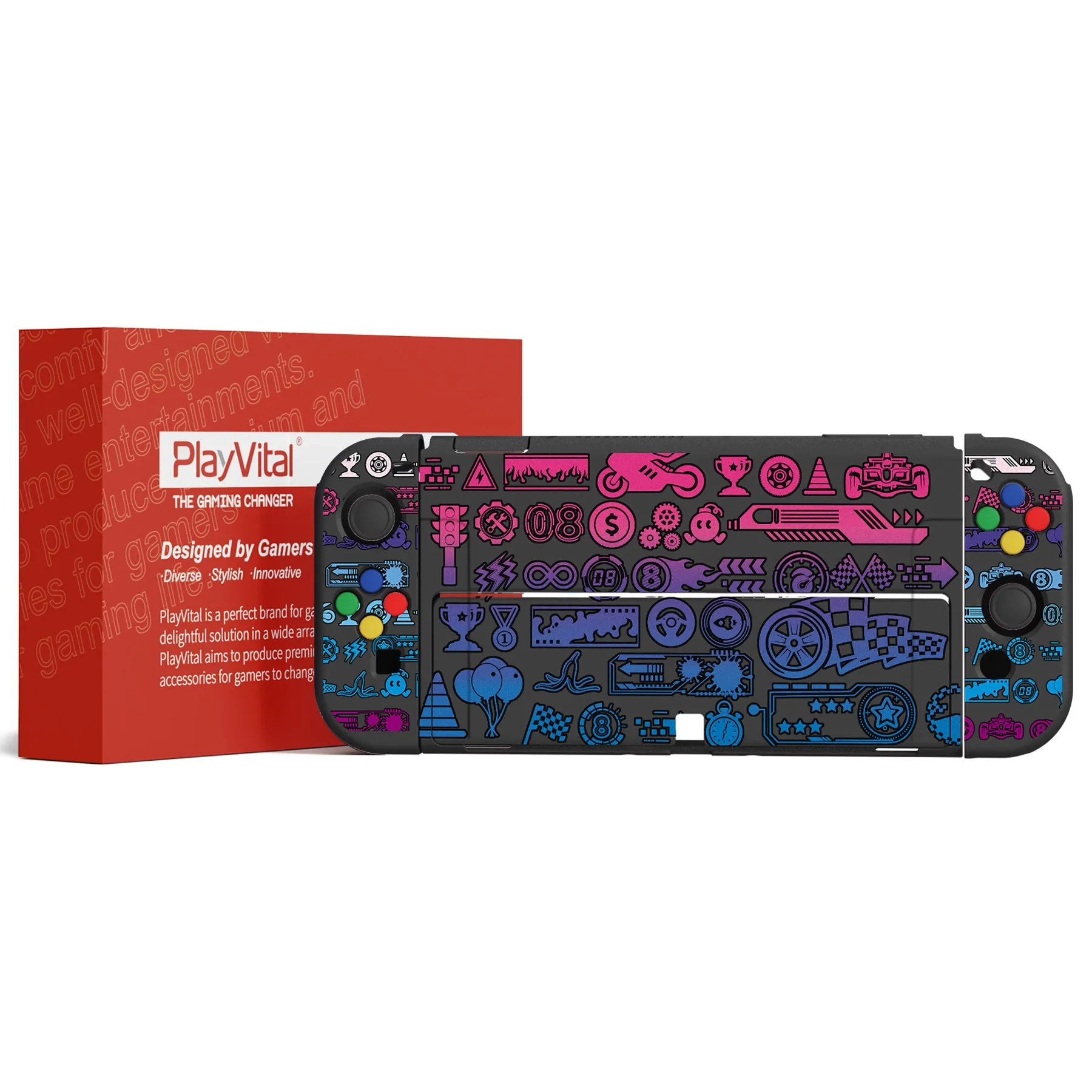 PlayVital ZealProtect Soft Protective Case for Switch OLED, Flexible Protector Joycon Grip Cover for Switch OLED with Thumb Grip Caps & ABXY Direction Button Caps - Deluxe Championship - XSOYV6049