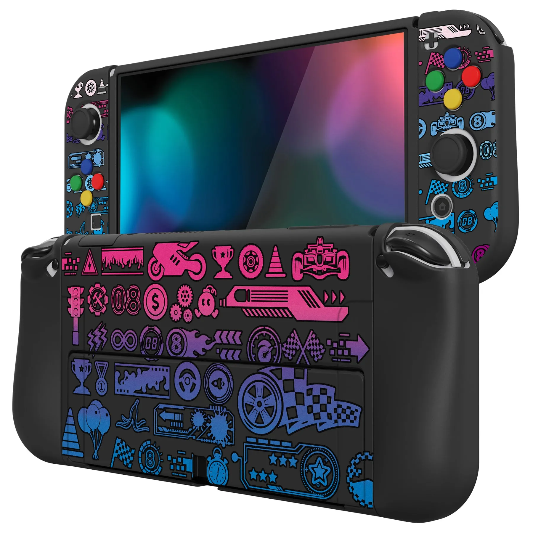 PlayVital ZealProtect Soft Protective Case for Switch OLED, Flexible Protector Joycon Grip Cover for Switch OLED with Thumb Grip Caps & ABXY Direction Button Caps - Deluxe Championship - XSOYV6049