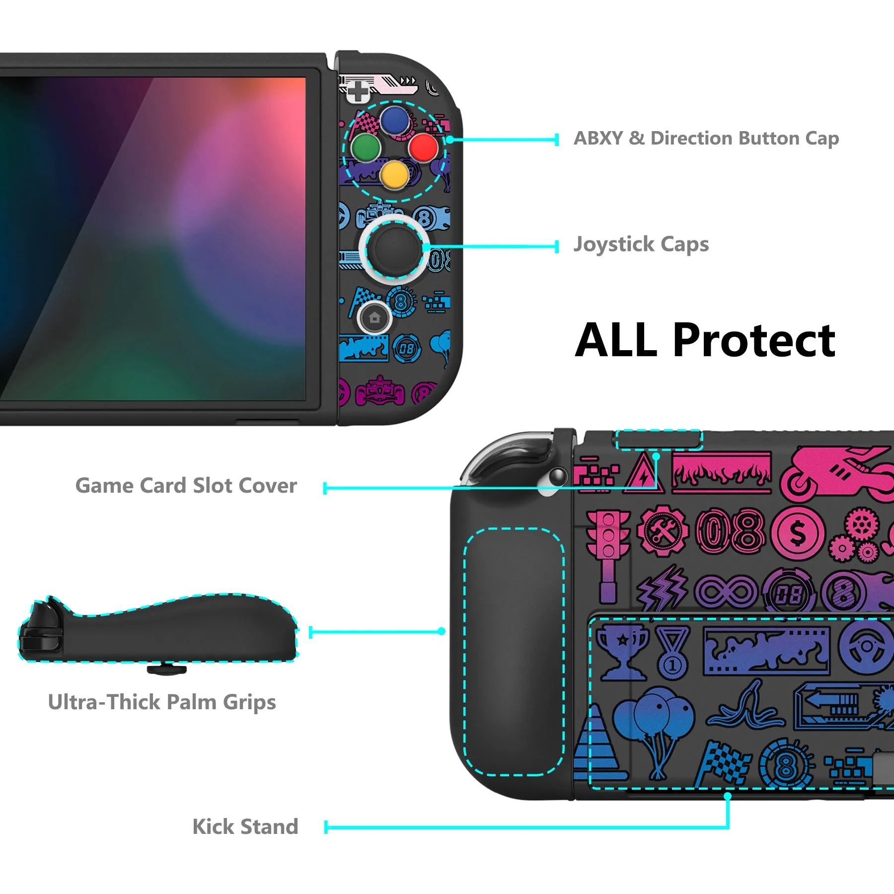 PlayVital ZealProtect Soft Protective Case for Switch OLED, Flexible Protector Joycon Grip Cover for Switch OLED with Thumb Grip Caps & ABXY Direction Button Caps - Deluxe Championship - XSOYV6049