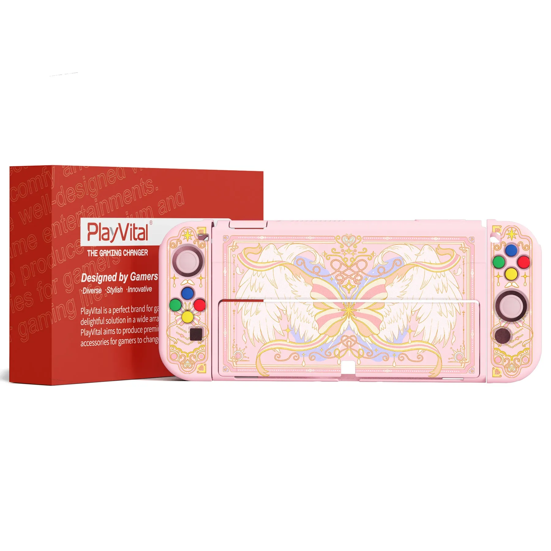 PlayVital ZealProtect Soft Protective Case for Switch OLED, Flexible Protector Joycon Grip Cover for Switch OLED with Thumb Grip Caps & ABXY Direction Button Caps - Magic Wings - XSOYV6046