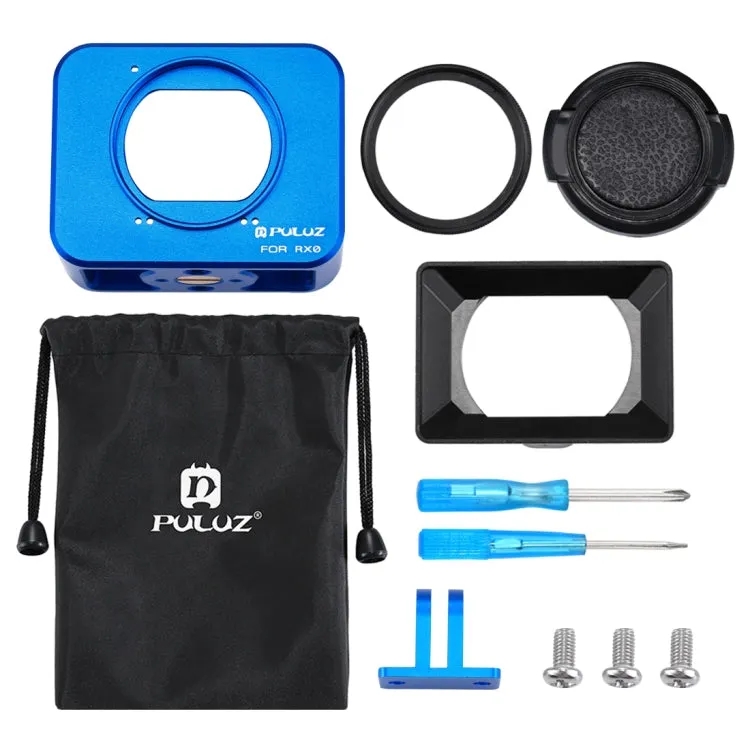 PULUZ for Sony RX0 Aluminum Alloy Protective Cage   37mm UV Filter Lens   Lens Sunshade with Screws and Screwdrivers(Blue)