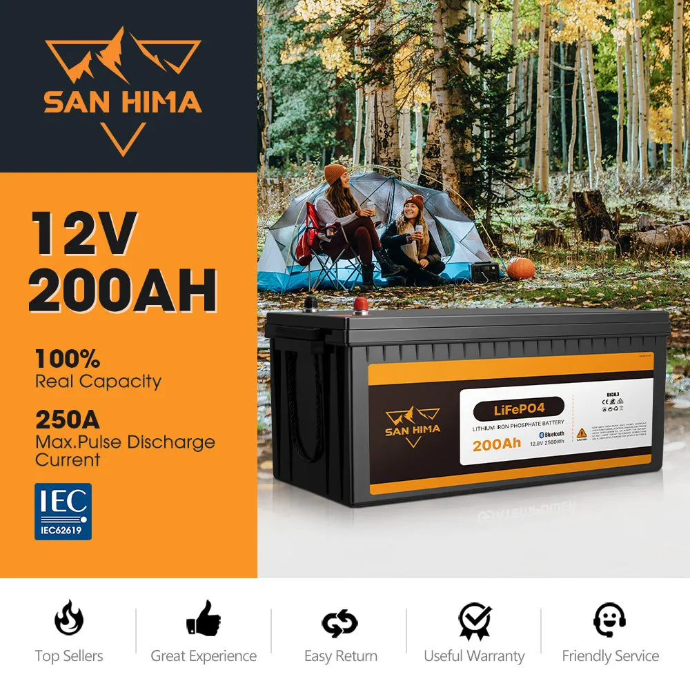 San Hima 12V 200Ah Lithium Iron Phosphate Battery LiFePO4 w/ Bluetooth Built-in BMS