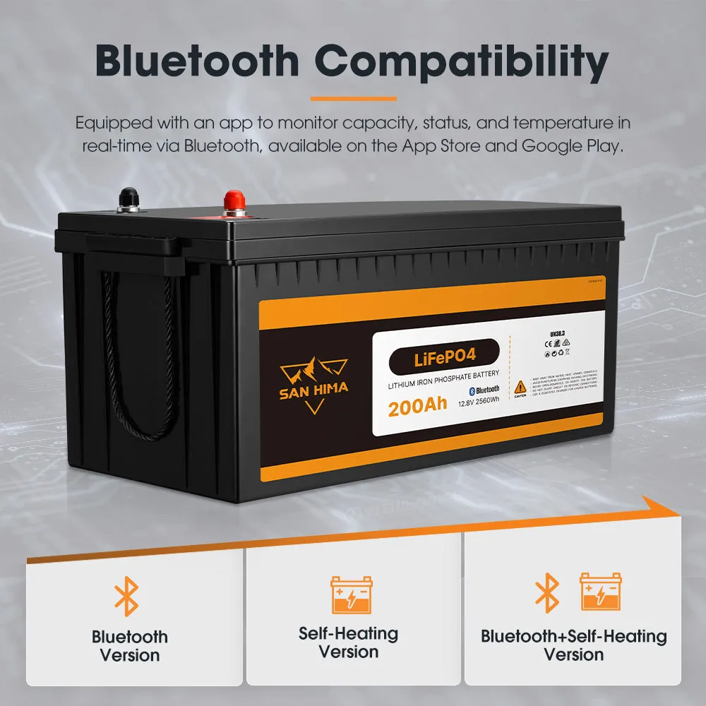 San Hima 12V 200Ah Lithium Iron Phosphate Battery LiFePO4 w/ Bluetooth Built-in BMS