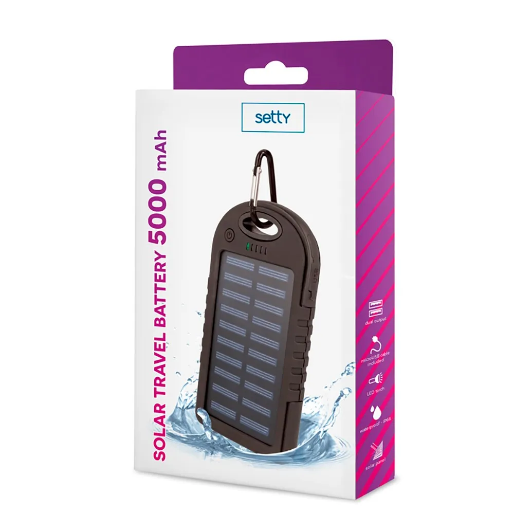 Setty Solcelle Powerbank 5.000 mAh 10W 2 x USB-A - Sort