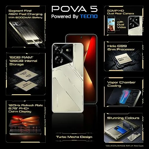 TECNO Pova 5 (Amber Gold, 8GB RAM,128GB Storage) | Segment 1st 45W Ultra Fast Charging | 6000mAh Big Battery | 50MP AI Dual Camera | 3D Textured Design | 6.78”FHD  Display