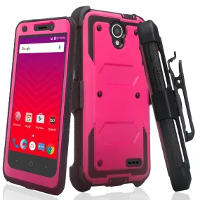 ZTE Prestige Case, Sonata 3, ZTE Avid Plus, ZTE Avid Trio, ZFive 2, Midnight Pro, Maven 2, Cheers, Rugged [Built-in Screen Protector] Heavy Duty Holster Shell Combo Case Cover - Hot Pink