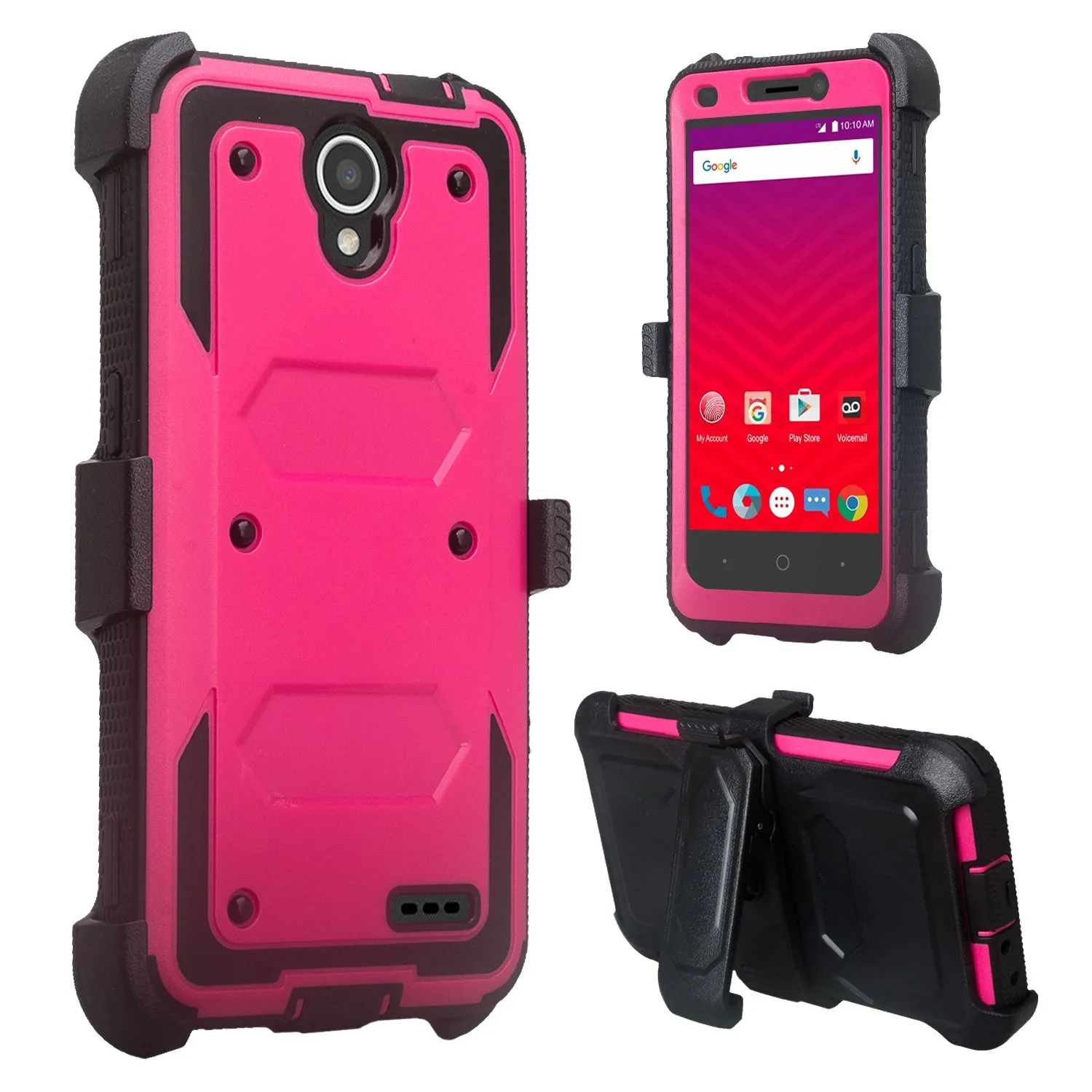 ZTE Prestige Case, Sonata 3, ZTE Avid Plus, ZTE Avid Trio, ZFive 2, Midnight Pro, Maven 2, Cheers, Rugged [Built-in Screen Protector] Heavy Duty Holster Shell Combo Case Cover - Hot Pink